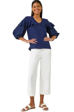 Roman Navy Frill Front Woven Top