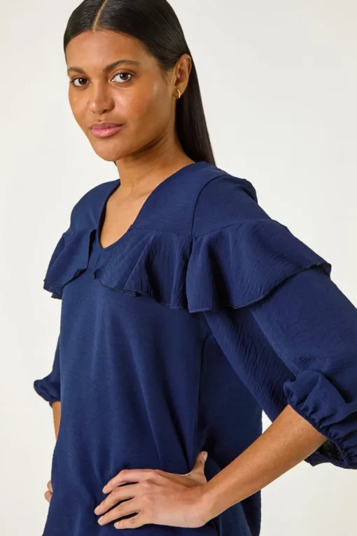 Roman Navy Frill Front Woven Top