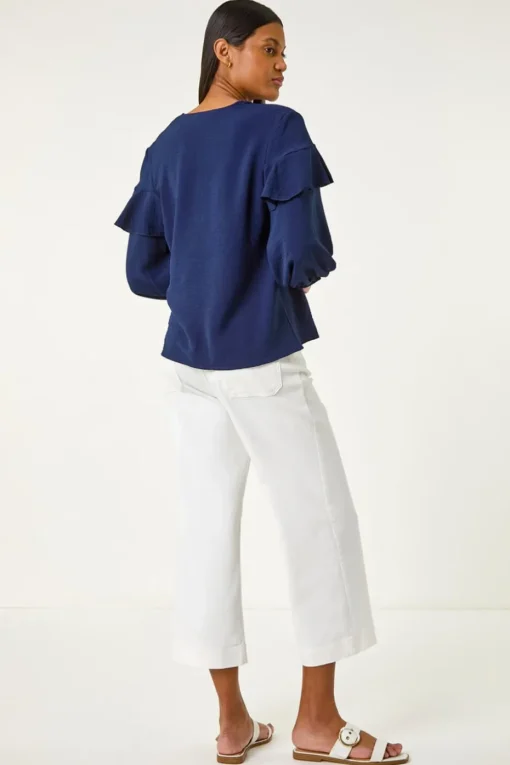 Roman Navy Frill Front Woven Top