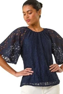 Roman Navy Lace Angel Sleeve Top