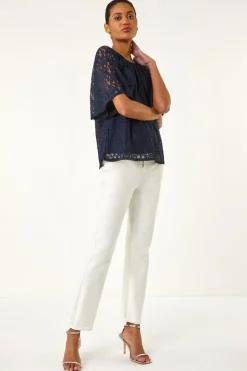 Roman Navy Lace Angel Sleeve Top