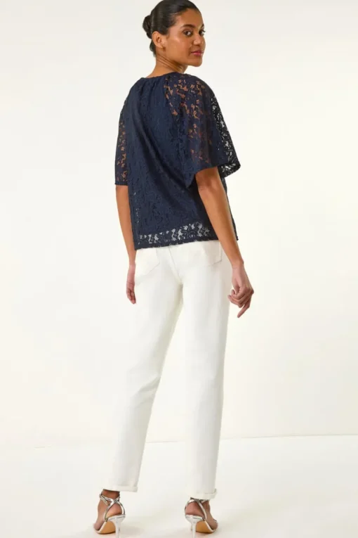 Roman Navy Lace Angel Sleeve Top