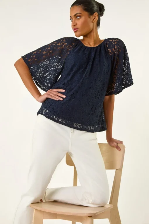 Roman Navy Lace Angel Sleeve Top