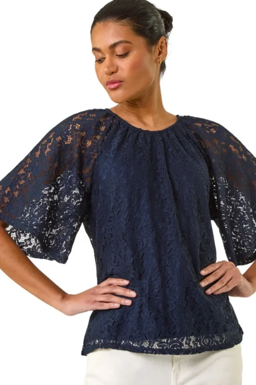 Roman Navy Lace Angel Sleeve Top