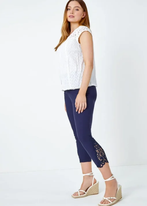 Roman Navy Lace Insert Crop Stretch Trousers