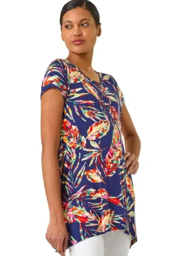 Roman Navy Leaf Print Hanky Hem Tunic Top