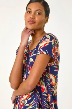 Roman Navy Leaf Print Hanky Hem Tunic Top