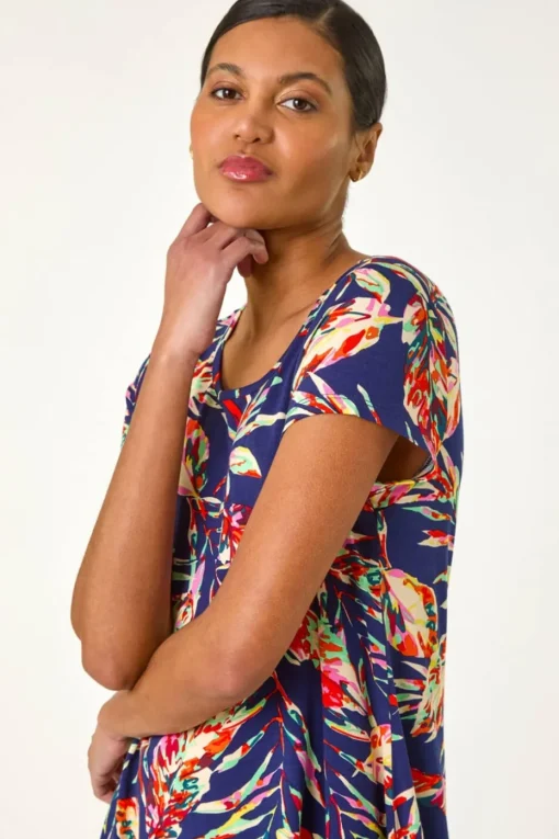 Roman Navy Leaf Print Hanky Hem Tunic Top