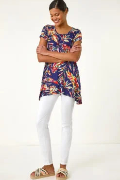 Roman Navy Leaf Print Hanky Hem Tunic Top