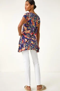Roman Navy Leaf Print Hanky Hem Tunic Top