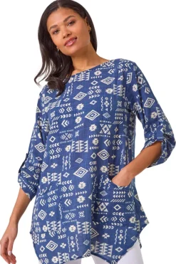 Roman Navy Longline Print Tunic Top