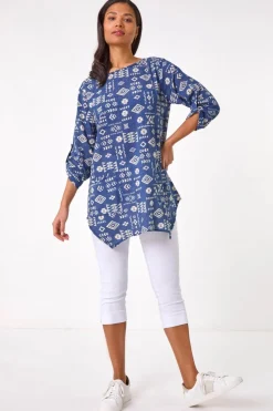 Roman Navy Longline Print Tunic Top