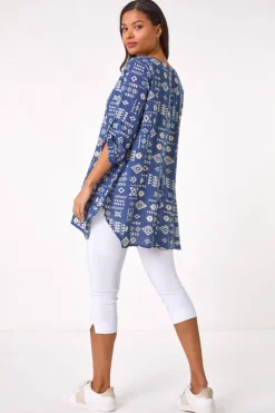 Roman Navy Longline Print Tunic Top