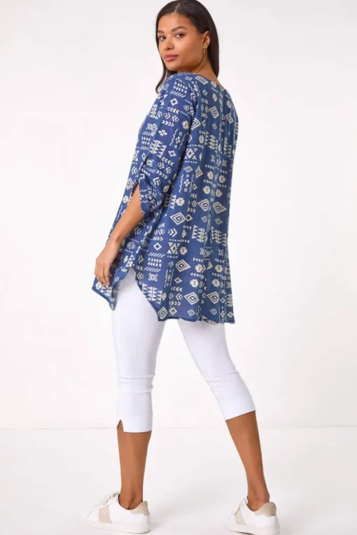 Roman Navy Longline Print Tunic Top