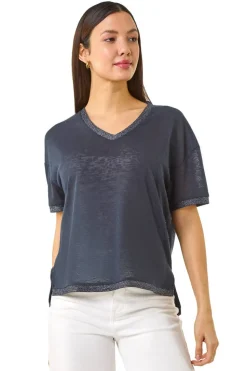 Roman Navy Metallic Trim V-Neck T-Shirt