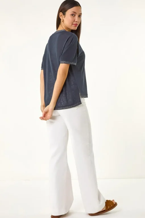 Roman Navy Metallic Trim V-Neck T-Shirt