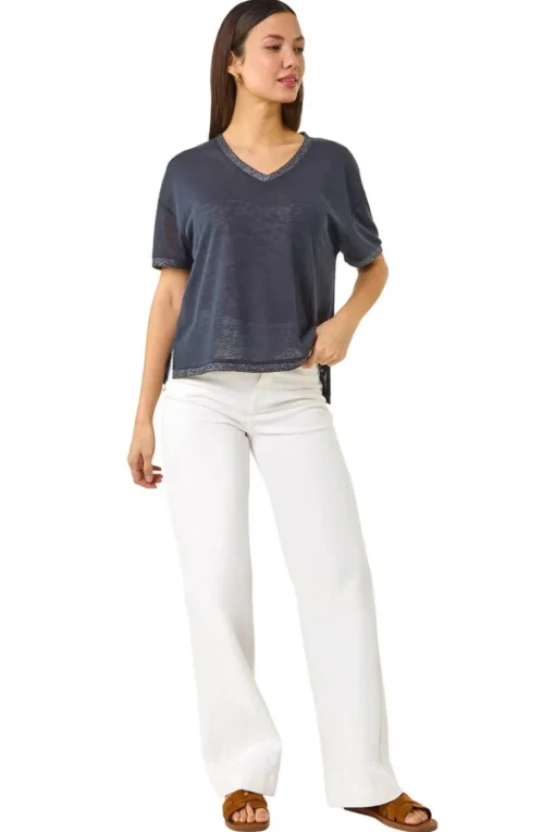 Roman Navy Metallic Trim V-Neck T-Shirt