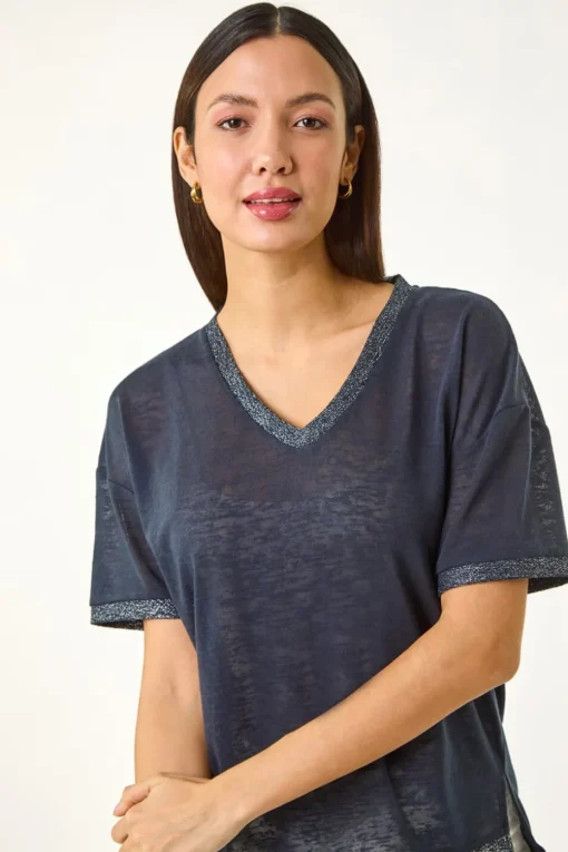 Roman Navy Metallic Trim V-Neck T-Shirt