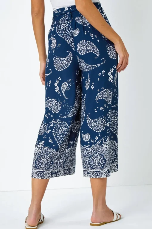 Roman Navy Paisley Print Wide Leg Cropped Trousers