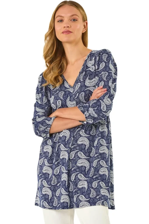 Roman Navy Paisley Print V Neck Stretch Top
