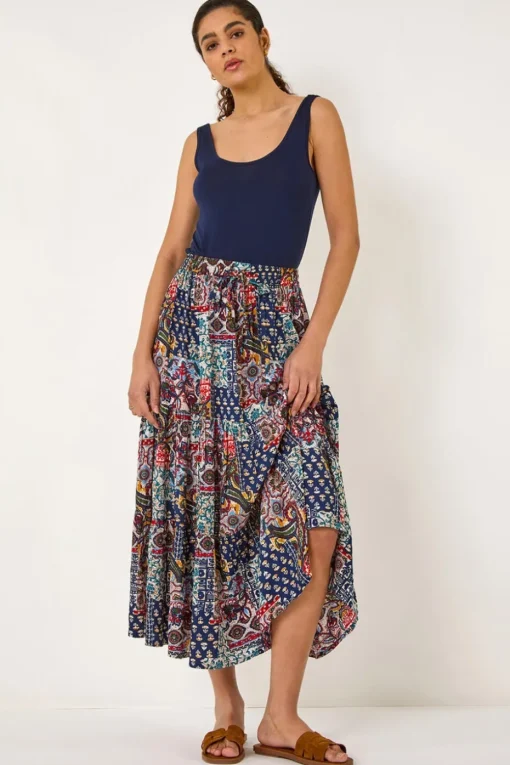 Roman Navy Patchwork Tiered Skirt