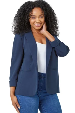 Roman Navy Petite 3/4 Sleeve Classic Stretch Blazer
