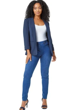 Roman Navy Petite 3/4 Sleeve Classic Stretch Blazer