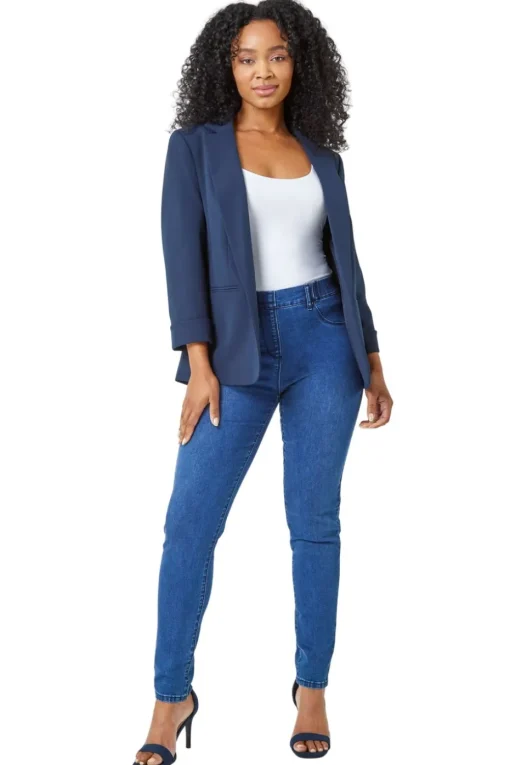 Roman Navy Petite 3/4 Sleeve Classic Stretch Blazer