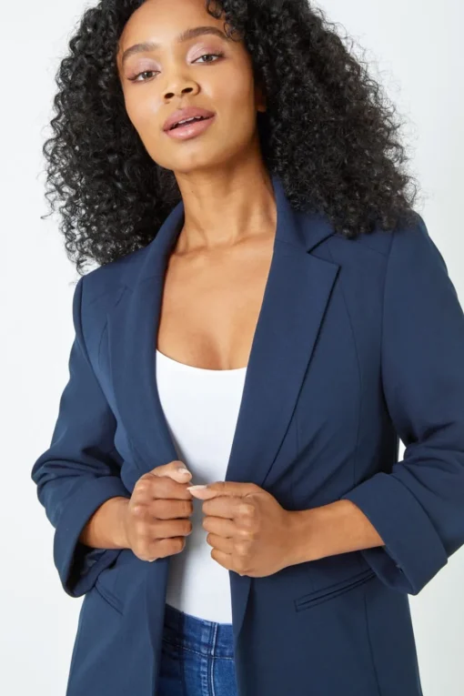 Roman Navy Petite 3/4 Sleeve Classic Stretch Blazer