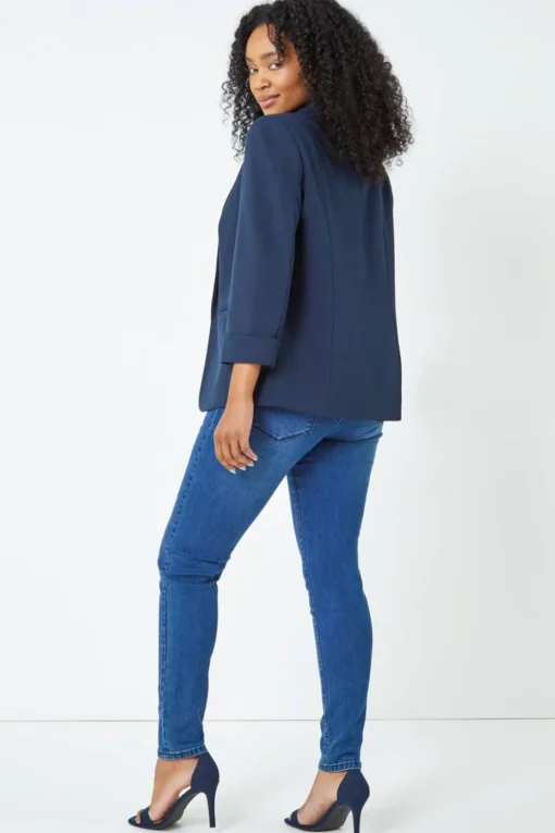 Roman Navy Petite 3/4 Sleeve Classic Stretch Blazer