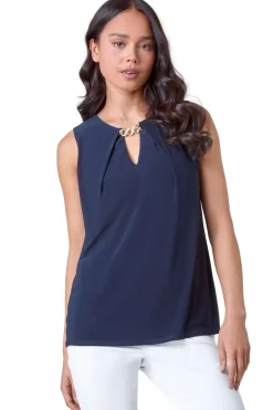 Roman Navy Petite Chain Trim Stretch Top