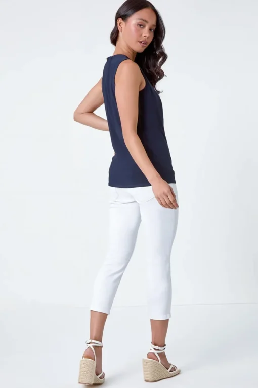 Roman Navy Petite Chain Trim Stretch Top