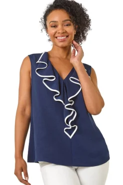 Roman Navy Petite Contrast V-Neck Frill Front Top