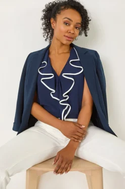 Roman Navy Petite Contrast V-Neck Frill Front Top