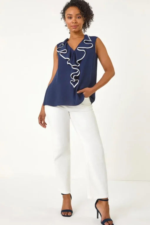 Roman Navy Petite Contrast V-Neck Frill Front Top