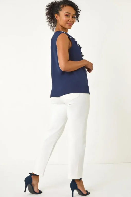 Roman Navy Petite Contrast V-Neck Frill Front Top