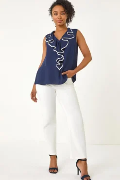 Roman Navy Petite Contrast V-Neck Frill Front Top