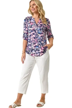 Roman Navy Petite Floral Print Button Stretch Shirt
