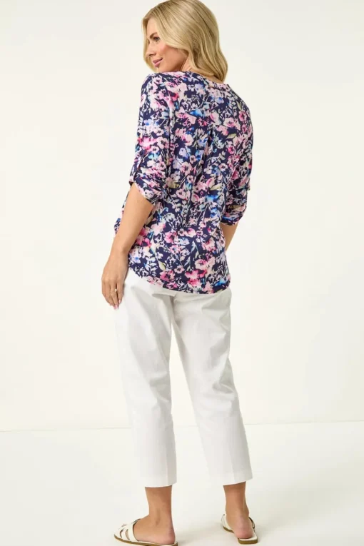 Roman Navy Petite Floral Print Button Stretch Shirt