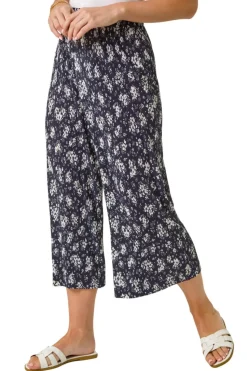 Roman Navy Petite Floral Crinkle Cropped Trouser