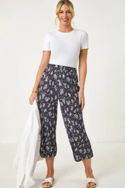 Roman Navy Petite Floral Crinkle Cropped Trouser