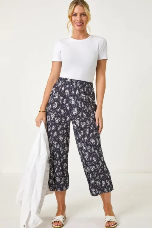 Roman Navy Petite Floral Crinkle Cropped Trouser