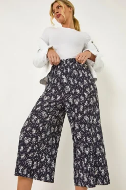 Roman Navy Petite Floral Crinkle Cropped Trouser