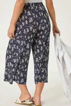 Roman Navy Petite Floral Crinkle Cropped Trouser