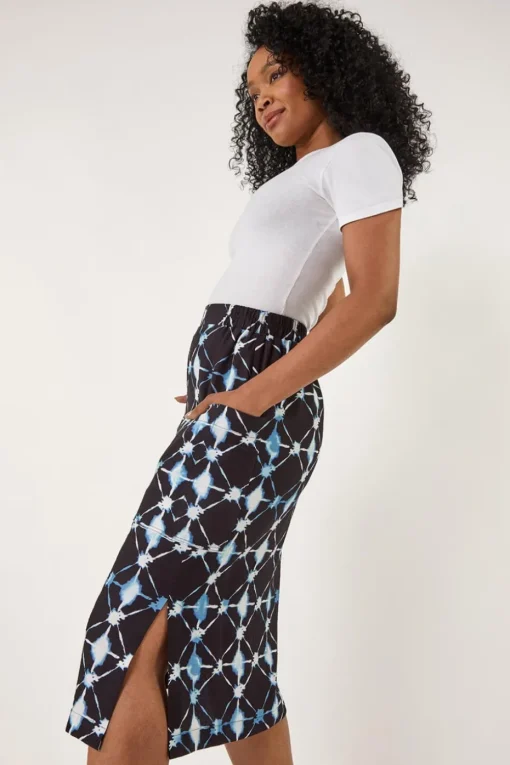 Roman Navy Petite Geometric Midi Skirt