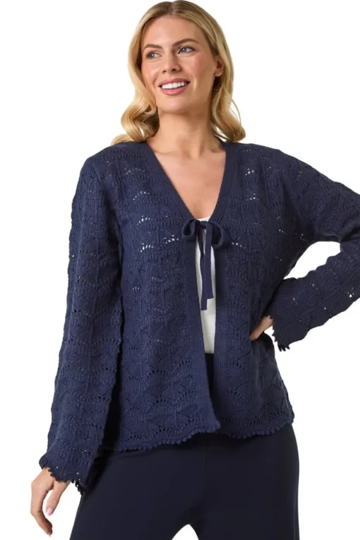 Roman Navy Petite Knitted Tie Cardigan