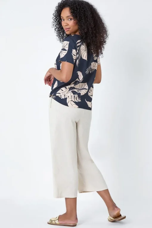 Roman Navy Petite Tropical Tie Detail Top