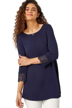 Roman Navy Plain Lace Trim Stretch Top