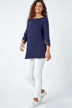 Roman Navy Plain Lace Trim Stretch Top