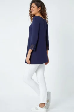 Roman Navy Plain Lace Trim Stretch Top